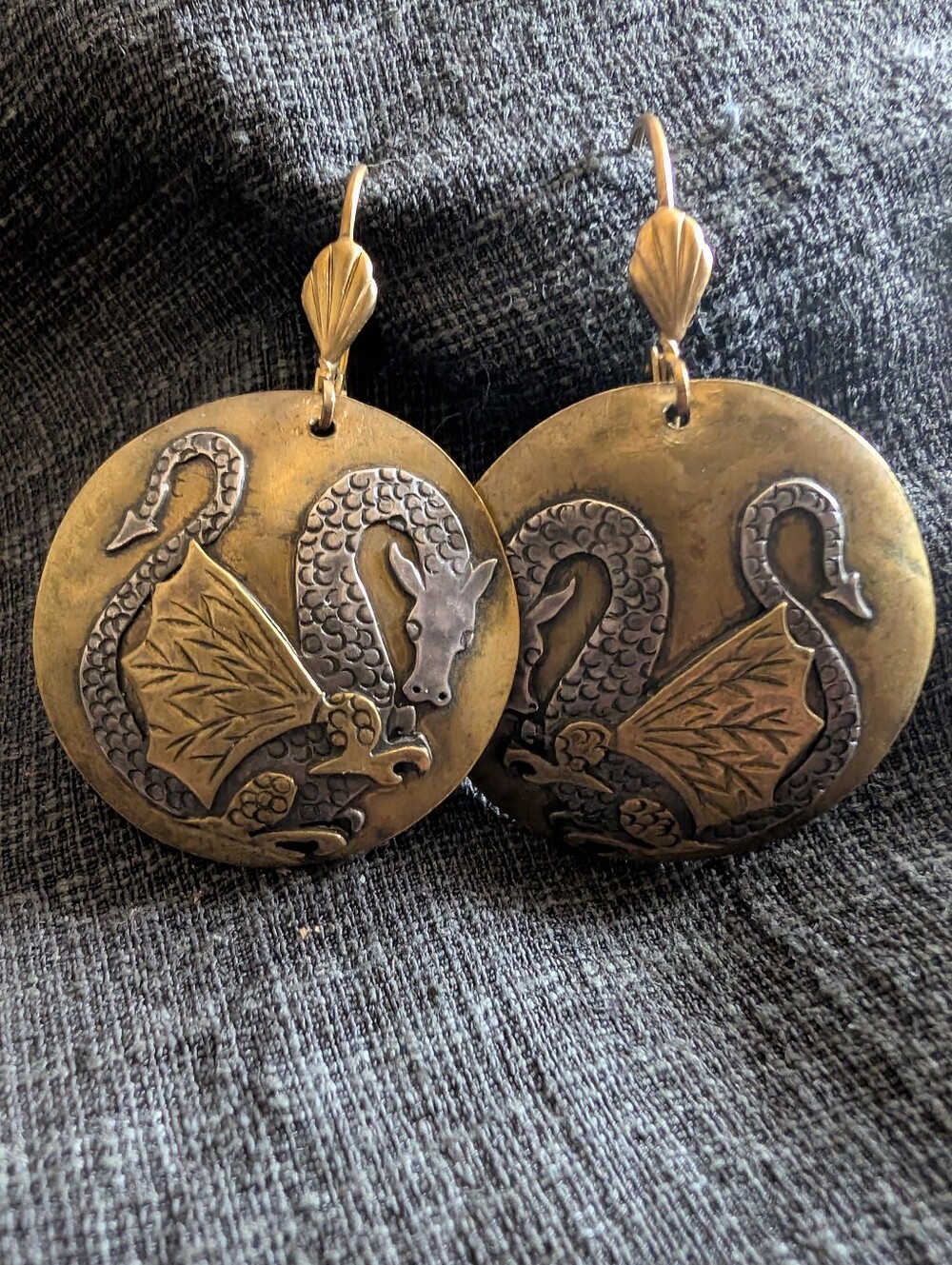 Vintage Artisan Dragon Earrings – Mixed Metal Brass & Silver Tone Fantasy Dangle